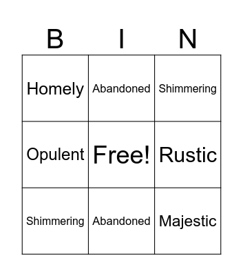 Places and things adjective Bingo Card