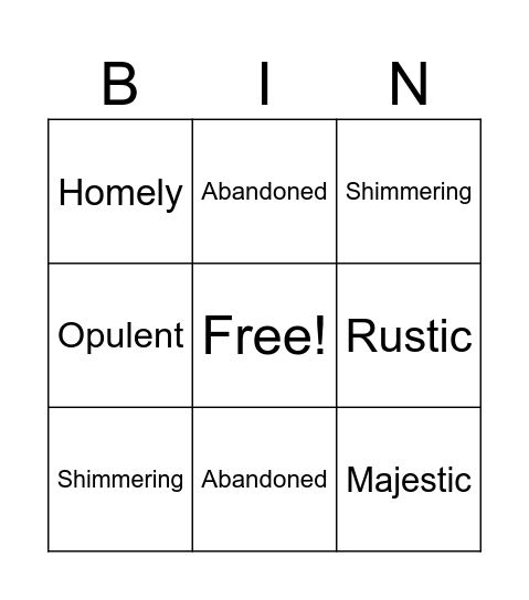 Places and things adjective Bingo Card