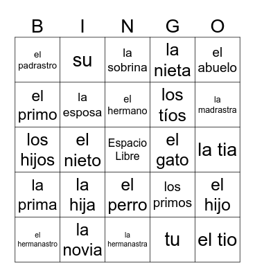 Vocabulario de la Familia y Posesivos Bingo Card