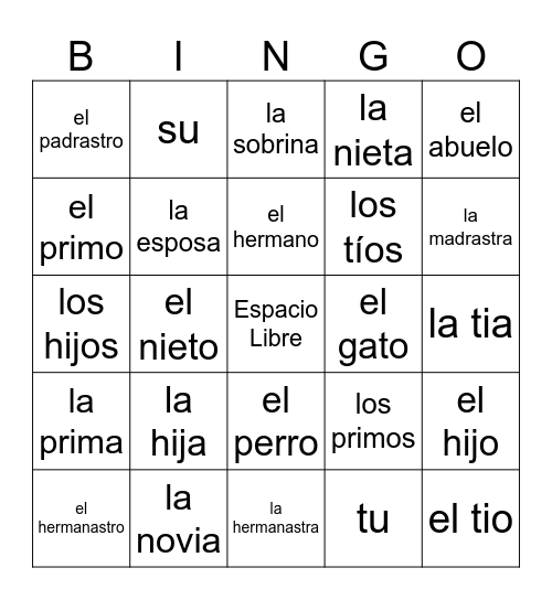 Vocabulario de la Familia y Posesivos Bingo Card