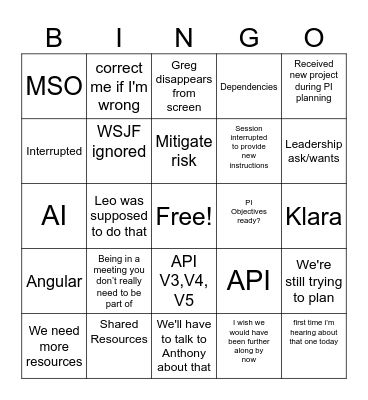 PI 6 Planning BA BINGO Card