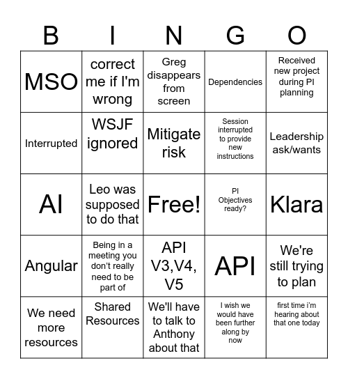 PI 6 Planning BA BINGO Card