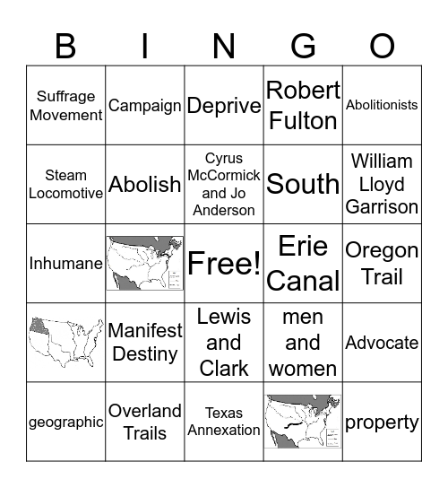 Westward Expansion and Reform List 1 Bingo Card