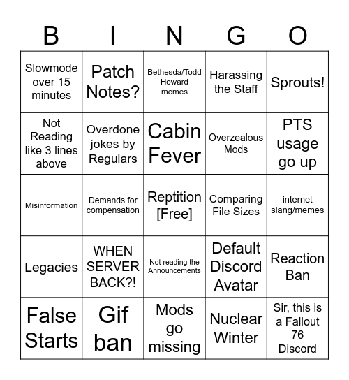 FO76 Update Bingo Card