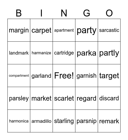 Multisyllablic ar words Bingo Card