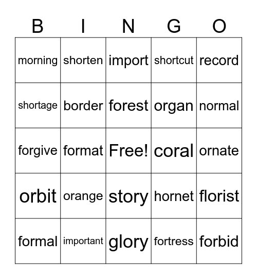 Multisyllabic or words Bingo Card