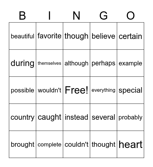 HFW List C Bingo Card