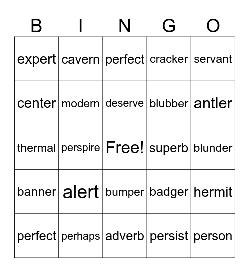 Multisyllabic er words Bingo Card