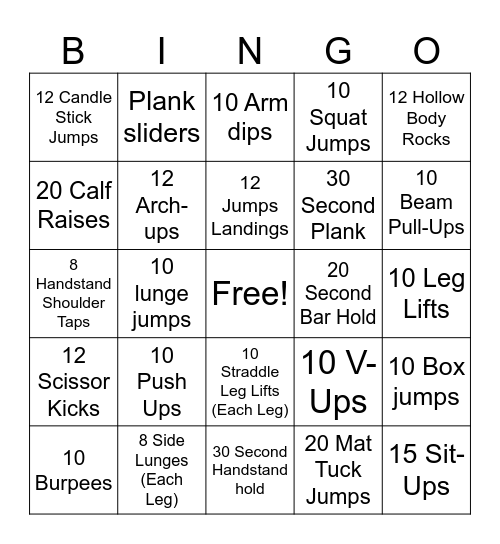 Conditioning Bingo Card