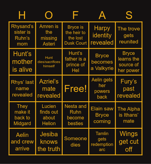 House of Flame and Shadow Bingo Card