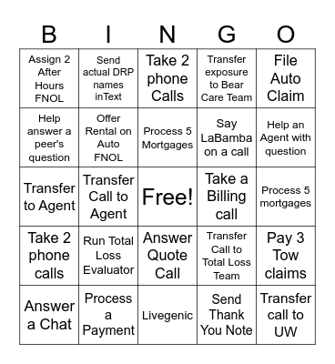 Express Care Bingo Card