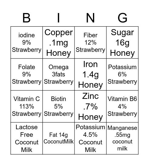 Coconut Smoothies Bingo Card