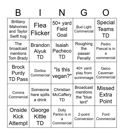 Super Bowl Bingo Card