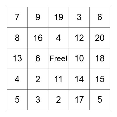 Addition up to 20 Bingo Card