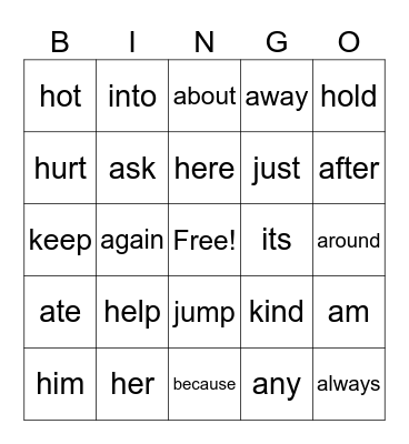 heart words Bingo Card