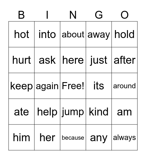 heart words Bingo Card