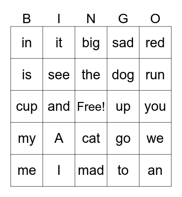 SIGHT WORD BINGO Card