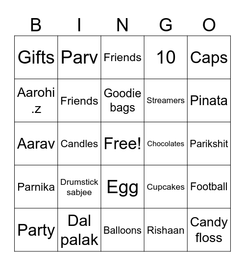Akshat's 10th Birthday Bingo Card