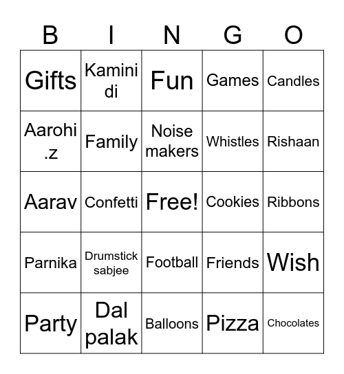 Akshat's 10th Birthday Bingo Card