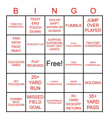 Superbowl 2024 Bingo Card