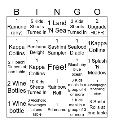 Benihana Bingo Card