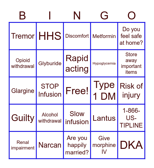 DKA, DM, IPV, Substance Bingo Card