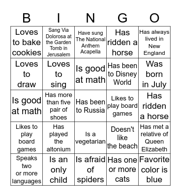 Getting to Know You Bingo Card