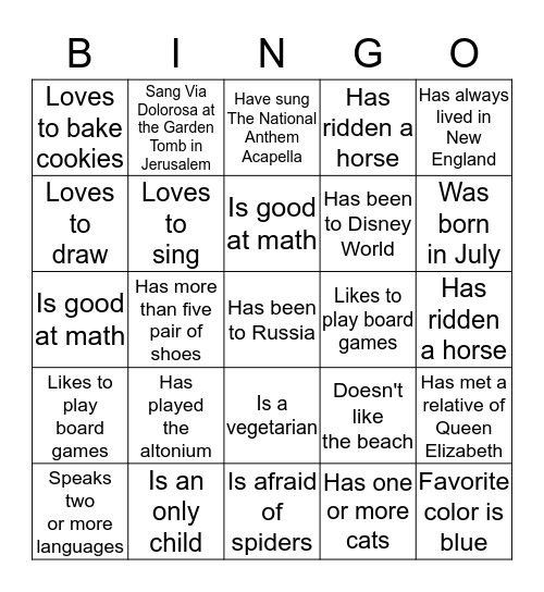 Getting to Know You Bingo Card