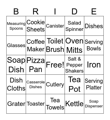 Kelly's Bridal Shower Bingo Card