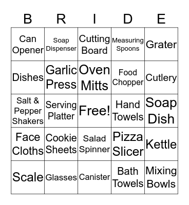Kelly's Bridal Shower Bingo Card