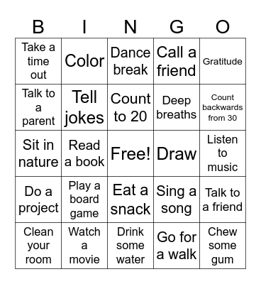 Kids/teens Coping Skills Bingo Card