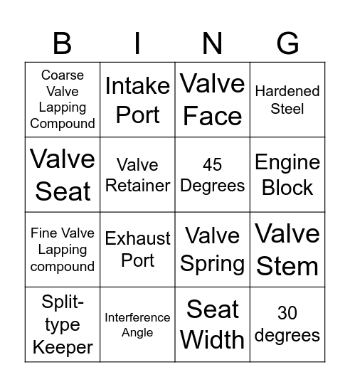 Valvetrain Bingo Card