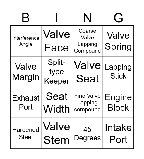 Valvetrain Bingo Card
