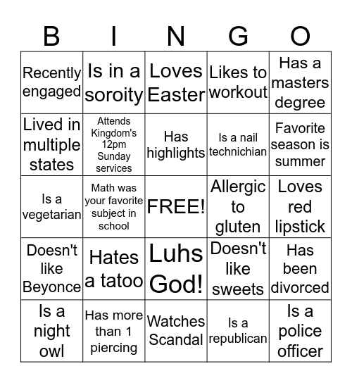 CoverGirls Bingo Card