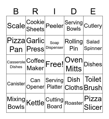 Kelly's Bridal Shower Bingo Card