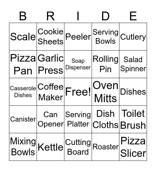 Kelly's Bridal Shower Bingo Card