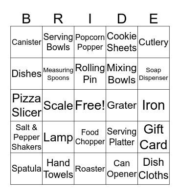 Kelly's Bridal Shower Bingo Card