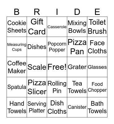 Kelly's Bridal Shower Bingo Card