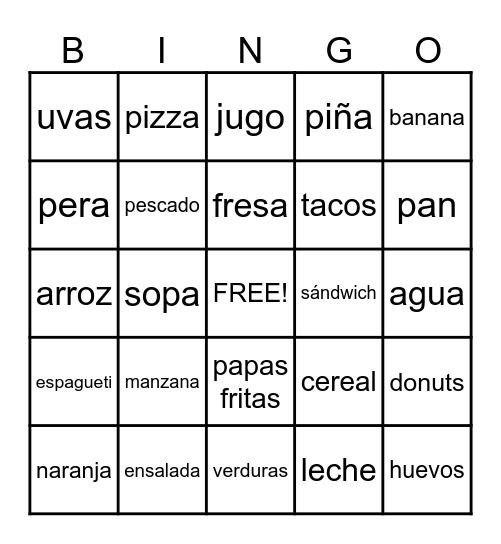 Spanish Food Bingo Card