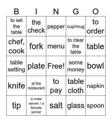 Al Restaurante 2 Bingo Card