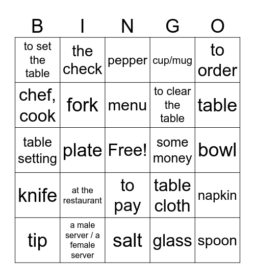 Al Restaurante 2 Bingo Card