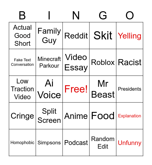 YouTube Shorts Bingo Card