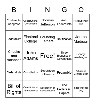 The Founding of the American Government Bingo Card