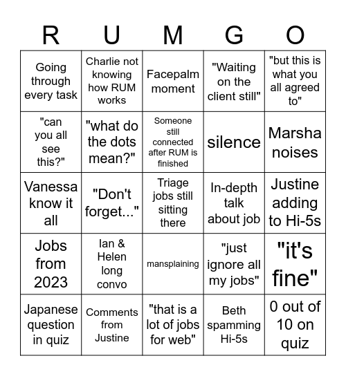 RUM-go Bingo Card