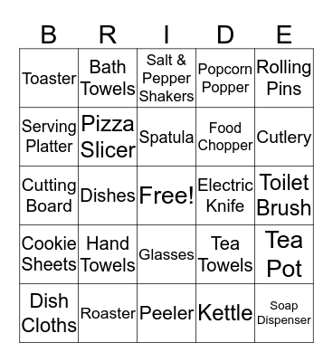 Kelly's Bridal Shower Bingo Card