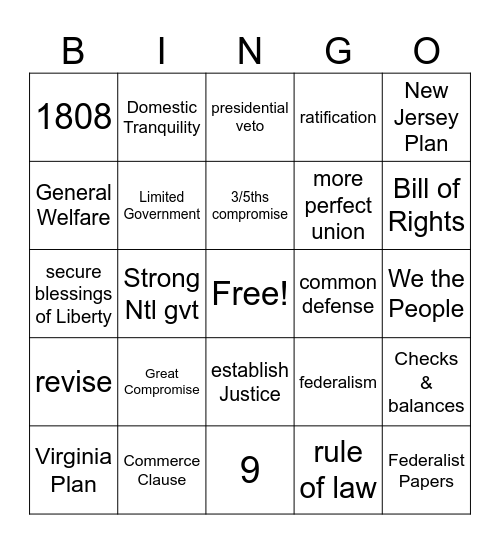 Articles to Constitution Bingo Card