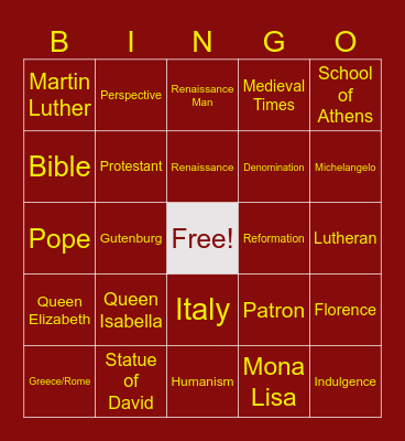 Renaissance Bingo Card