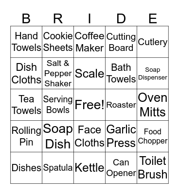 Kelly's Bridal Shower Bingo Card