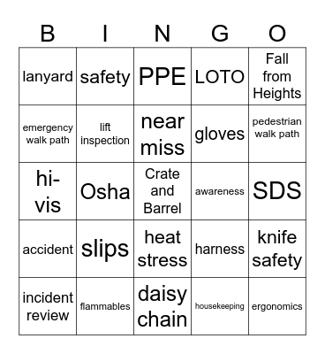 Safety Bingo Card