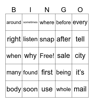 Second Grade Sight Words Bingo Card